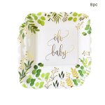 Vaisselle jetable avec lettres dor�es oh b�b�, 8 invit�s, feuilles de jungle, assiette de serviette, ...
