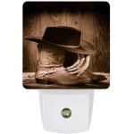 Veilleuse led a brancher, chapeau de cowboy noir, bottes occidentales, capteur de mouvement du crepuscule ...