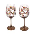 Verre  vin arbre d'automne 2 pices - couleurs d'automne - feuilles de rouge, jaune, orange - peint ...