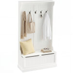Vestiaire d'entr�e banc coffre 3 en 1 style classique chic - 5 pat�res doubles - mdf blanc cass�