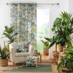 Voilage a ?illets aspect lin tiss� imprim� feuillage vert 140x240cm