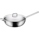 Wok a induction 30 cm, wok avec couvercle en verre, acier inoxydable cromargan poli, non revêtu, passe ... Wok a induction 30 cm, wok avec couvercle en verre, acier inoxydable cromargan poli, non revêtu, passe ...