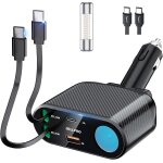 5 en 1 chargeur de voiture retractable, 168w multi prise adaptateur allume cigare usb c, 5 ports dual ...