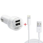 Allume cigare blanc chargeur double usb micro universel pour voiture prise led + cable iphone 5 5s 5c ...