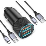 Allume cigare usb, chargeur de voiture rapide 36w avec 2 cbles tresss en nylon de type c, prise adaptateur ...