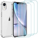 Case for iphone xr with 3 pieces tempered glass screen protector, transparent silicone tpu bumper case ...