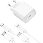 Chargeur rapide 20w + 2 cables usb - c lightning pour iphone 13 / 12 / 11 / pro / mini / max