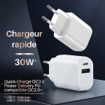 Chargeur rapide 30w usb c et usb a, qc 3. 0 + pd avec puce ic pour charge s�curis�e et protection batterie, ...