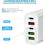 Chargeur rapide multi usb c 65w prise - 2 usb - c + 2 usb + 1 qc 3. 0 (5 ports) compatible apple, iphone, ...