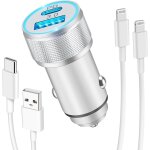 Chargeur voiture iphone et cbles, prise allume cigare usb c rapide 38w 2 ports (pd / qc) et 2x cbles ...