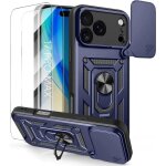 Coque + 2 verres tremp�s pour iphone 17 pro max, avec anneau et cache cam�ra coulissant - bleu marine ...