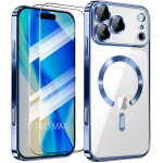 Coque + 2 verres tremp�s pour iphone 17 pro max, protection antichoc contour chrom� bleu avec cercle ...