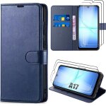 Coque + 2 verres tremp�s pour samsung galaxy a17 4g / 5g, protection anti - rayures synth�cuir bleu marine ...