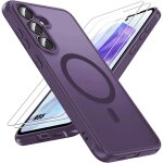 Coque + 2 verres tremp�s pour samsung galaxy a55 5g, avec anneau magn�tique et vitre cam�ra - violet ...