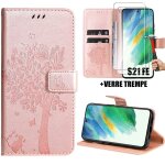 Coque + 2 verres tremp�s pour samsung galaxy s21 fe, protection antichoc synth�cuir rose motif arbre ...