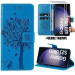 Coque et 2 verres tremp�s pour samsung galaxy s23 ultra, effet cuir bleu fermeture magn�tique motif arbre ...