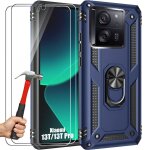Coque + 2 verres tremp�s pour xiaomi 13t / 13t pro, coque avec anneau support renforc�e - bleu marine ...