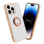 Coque pour apple iphone 14 pro max en glossy blanc - or avec anneau housse de protection etui en silicone ...
