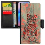 Coque chat pour iphone 14 pro max cuir rabat porte cartes sauvage animal plume mignon azteque chaton ...