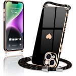 Coque collier cordon pour iphone 14 noir souple tpu galvanis� or antichoc motif c�ur