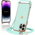 Coque collier cordon pour iphone 14 pro max turquoise souple tpu galvanis� or antichoc motif c�ur