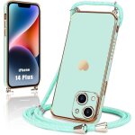 Coque collier cordon pour iphone 14 plus turquoise souple tpu antichoc motif c�ur