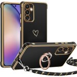 Coque avec cordon pour samsung galaxy a55 5g, coeur motif etui avec 360 rotatif anneau support tpu souple ...