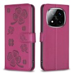 Coque en cuir emboss� a quatre feuilles pour redmi note 14 pro 5g / note 14 pro + 5g, rose rouge
