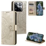 Coque en cuir emboss�e totem fleur pour xiaomi 15 pro avec lani�re, or