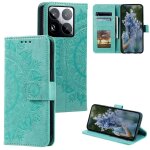Coque en cuir emboss�e totem fleur pour xiaomi 15 pro avec lani�re, vert