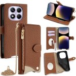 Coque en cuir litchi pour redmi note 14 pro 4g avec cha�ne crois�e, brun