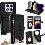 Coque en cuir litchi pour redmi note 14 pro 4g avec cha�ne crois�e, noir