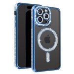 Coque diamant pour iphone 15 pro max protection magsafe contour strass bleu clair