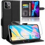 Coque etui rabat + verre tremp� pour iphone 12 mini (5, 4 ), premium protection 360 int�grale - noir