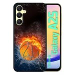 Coque pour galaxy a25 - ballon de basket eau et feu - silicone - noir