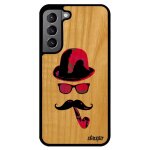 Coque pour galaxy s22 bois veritable silicone monsieur moustache pipe tag antichoc chapeau melon rigide ...