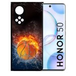 Coque pour honor 50 - ballon de basket eau et feu - silicone - noir