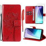 Coque housse xiaomi redmi 14c / poco c75 - etui portefeuille flip cuir pu rouge avec 1 verre tremp, ...