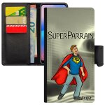 Coque iphone 13 portefeuille super parrain texte comics antichoc humour smartphone gris design flip case ...