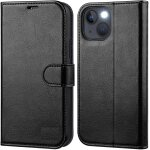 Coque iphone 13 simili cuir rabat noir porte carte