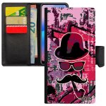 Coque iphone 14 cuir rabat porte cartes monsieur moustache noir fille chapeau melon 4g street art vintage ...