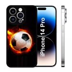 Coque iphone 14 pro - ballon de foot en feu - silicone - noir