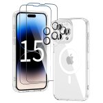 Coque pour iphone 15 pro - 2x vitre verre trempe + 2x prot�ge cam�ra silicone compatible magsafe clear ...
