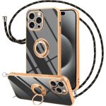 Coque iphone 15 pro max 6, 7'' silicone souple noire avec cordon tour de cou et anneau support 360 plaqu ...