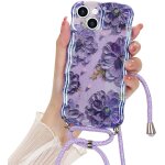 Coque pour iphone 15 en silicone tpu avec collier r�glable avec cadre ondul� boucl� / fleur color� florale ...