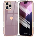 Coque pour iphone 16 pro, antichoc silicone violet avec motif de c?ur dor� et plaqu� + 2 verres tremp�s ...