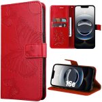 Coque pour iphone 16e, protection rabat antichoc anti - rayures effet cuir rouge avec motif papillon ...