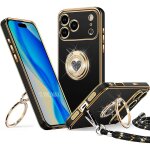 Coque pour iphone 17 pro max, silicone anti - rayures avec anneau motif c?ur brillant et cordon - noir ...