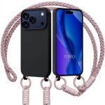Coque pour iphone 17 pro, silicone liquide noire antichoc slim avec cordon rose - e. f. connection
