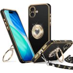 Coque pour iphone 17, silicone souple anti - rayures avec cordon et anneau rotatif brillant - noir - ...